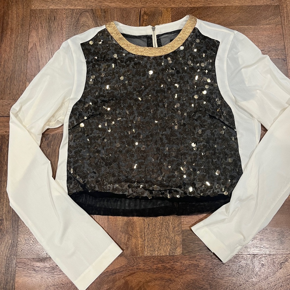 Rag & Bone Black Mesh Sequin Top with Sheer Sleeves Cropped Size S Back Zip
